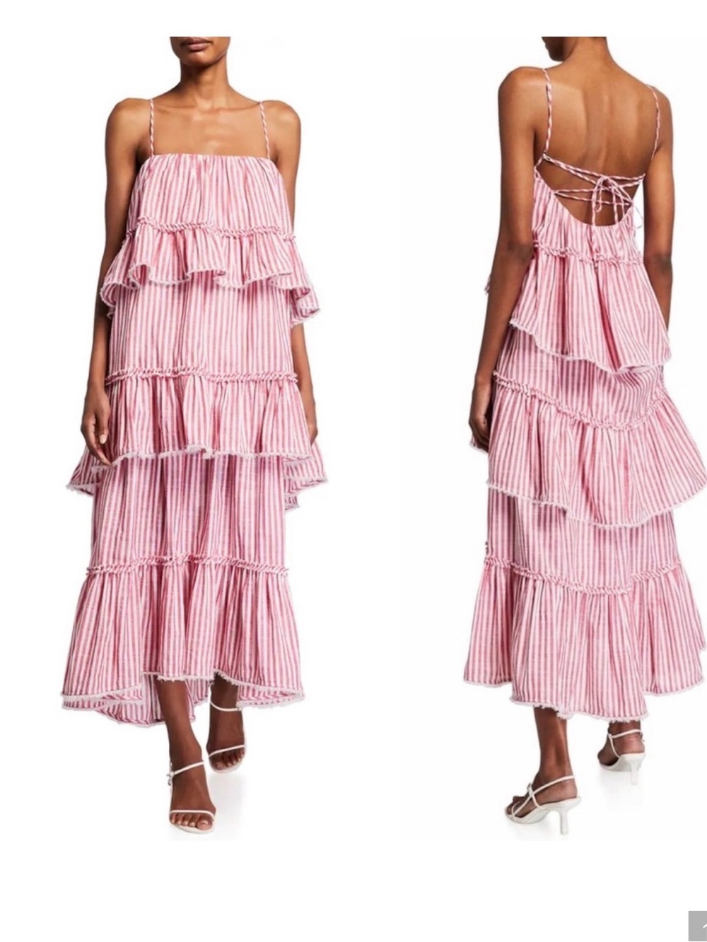 cinq a sept Pink Striped Tiered Maxi Sundress